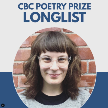 An image saying "CBC Poetry Prize longlist" with a picture of eileen, a white person with wavy brown hair.